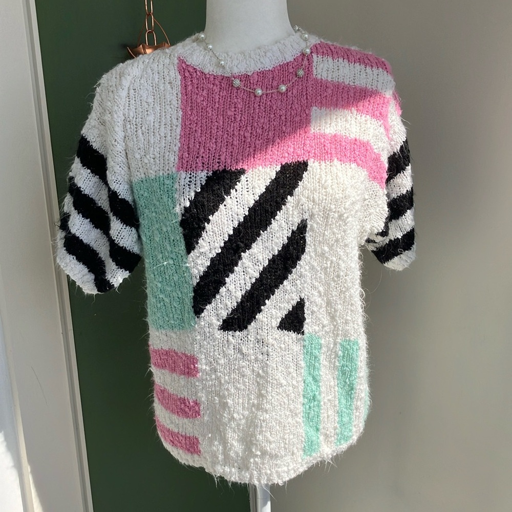Vintage 80s Boucle Knit Colorblocked and Striped Short Sleeve Sweater - Picture 2 of 7